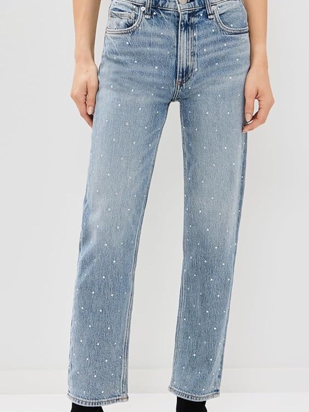High-Rise Blue Denim Jeans with Pearl Accent